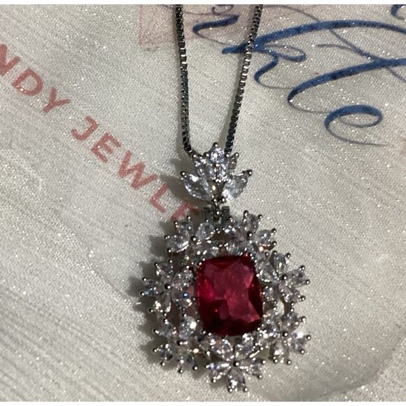 💋Sparkling Ruby Red Floral Cz Diamond Pendant Silver Hypoallergenic Necklace - Picture 2 of 14